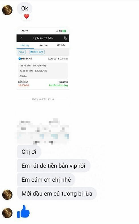 Tin nhắn phản hồi của khách hàng sau khi rút tiền thành công 32 triệu